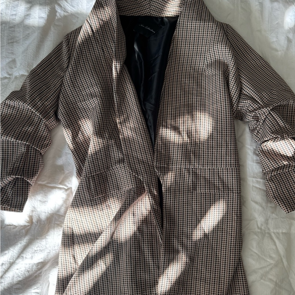 NY Collection Houndstooth Trench Coat in Black and Brown